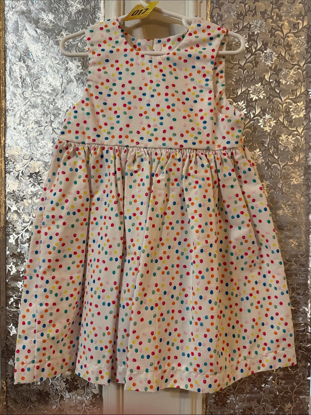 Hand Crafted White Dress with Multicolor Polka Dots